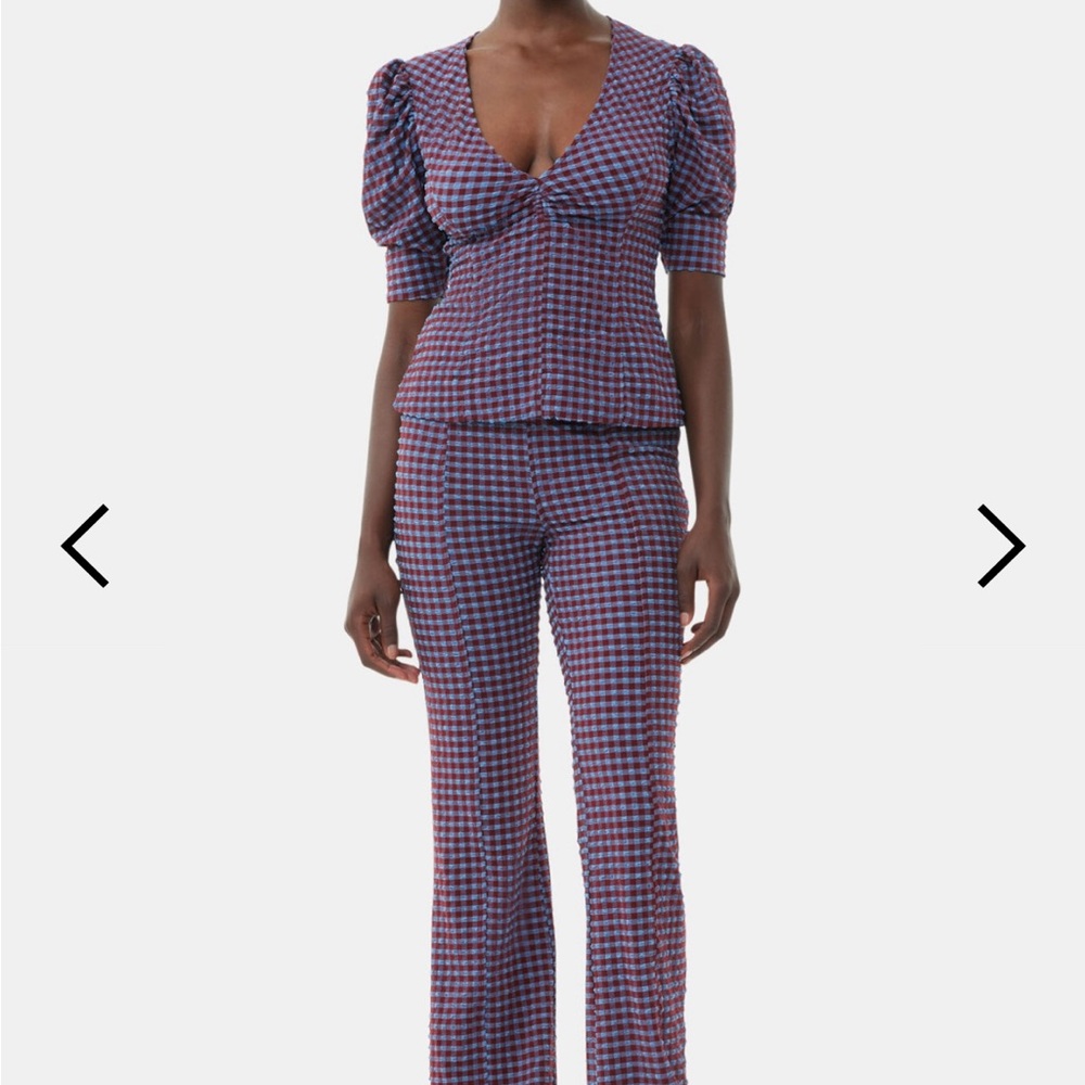 Ganni Checkered Stretch Seersucker Frill Trousers